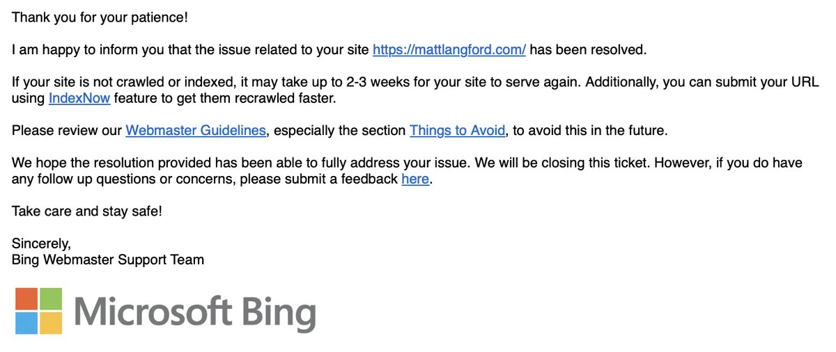 Bing positive response screenshot