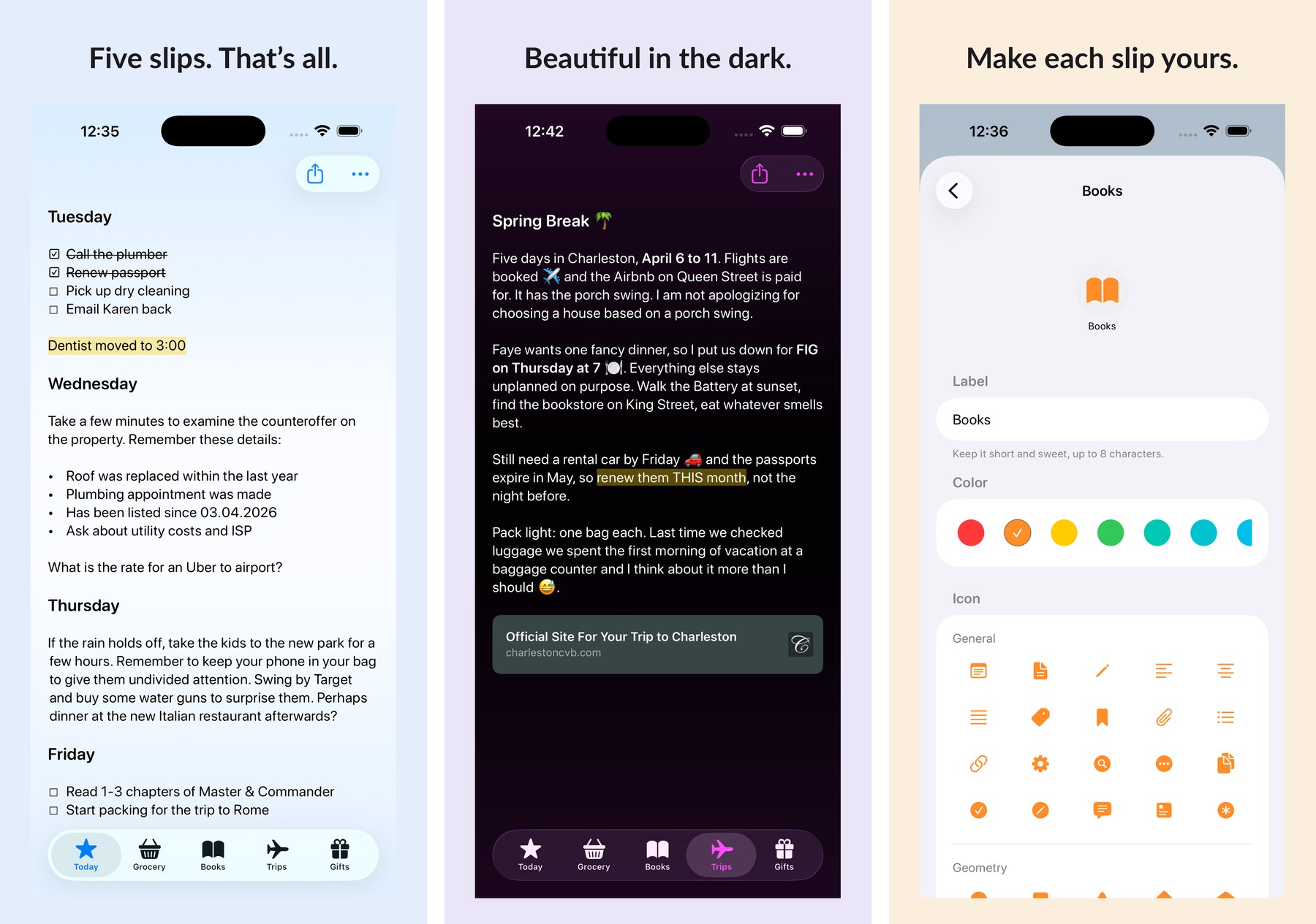 Three screenshots demonstrating the Slips app for iOS, iPadOS, and macOS.