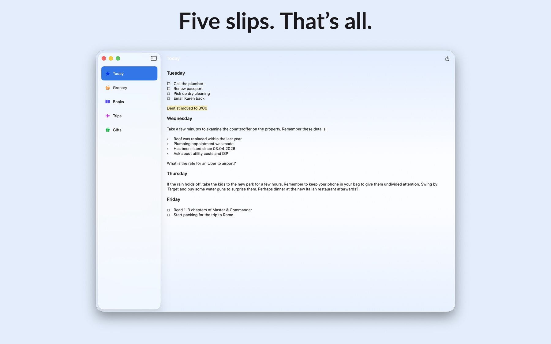 Slips app screenshot for macOS.