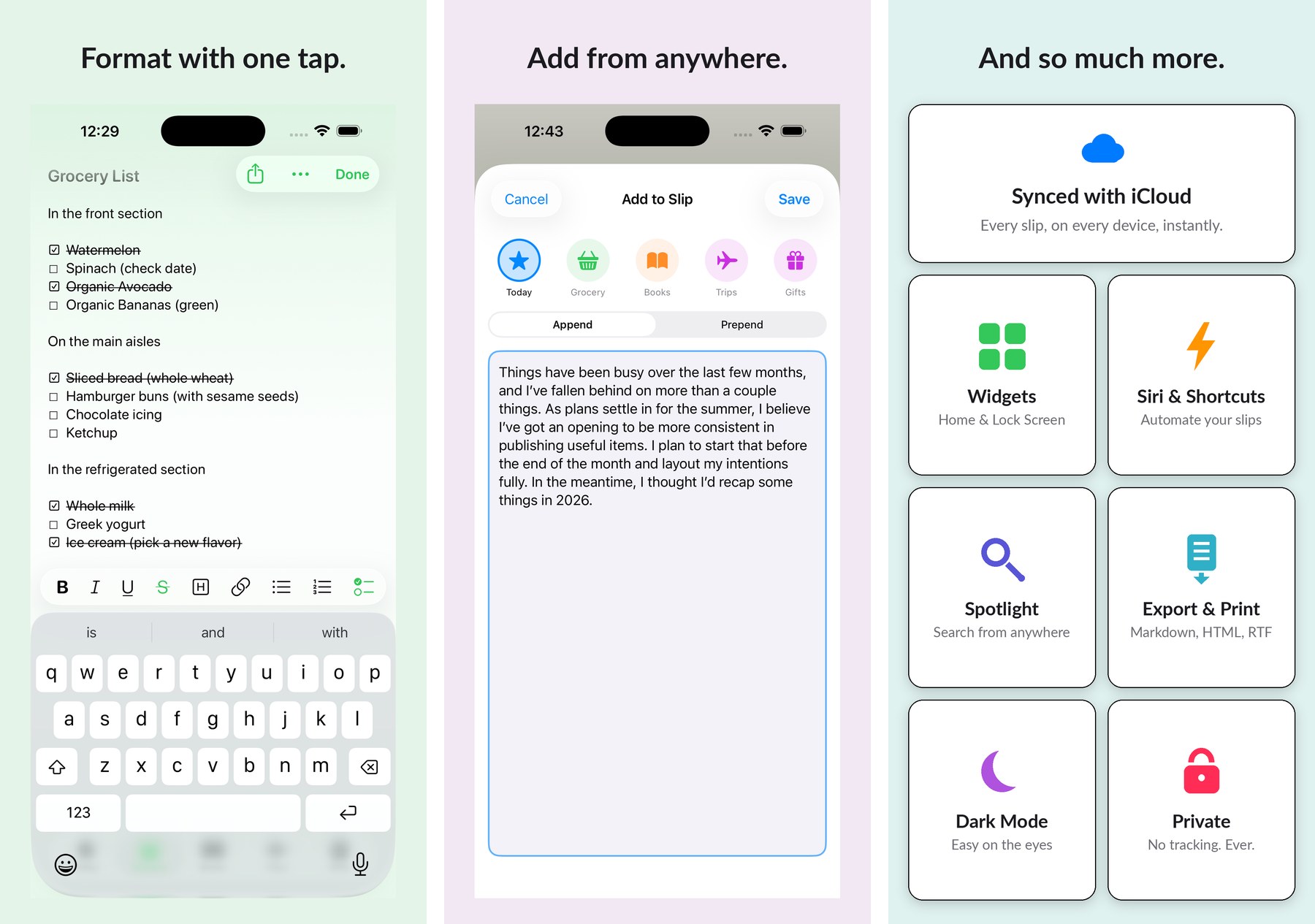 Screenshots for the Slips notes app for iOS.