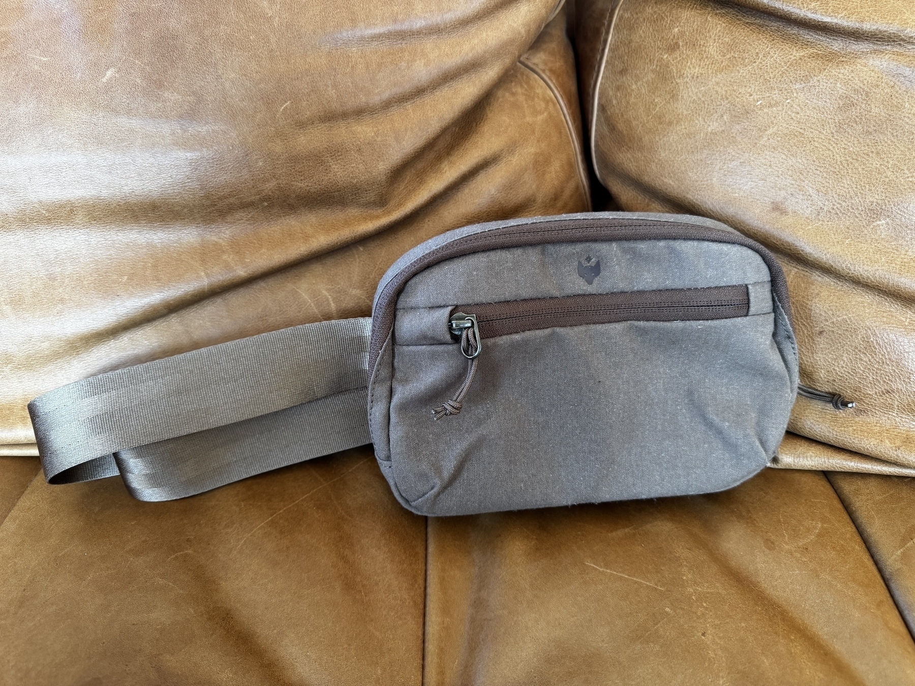 Auto-generated description: A small gray pouch with a zipper is resting on a brown leather couch.